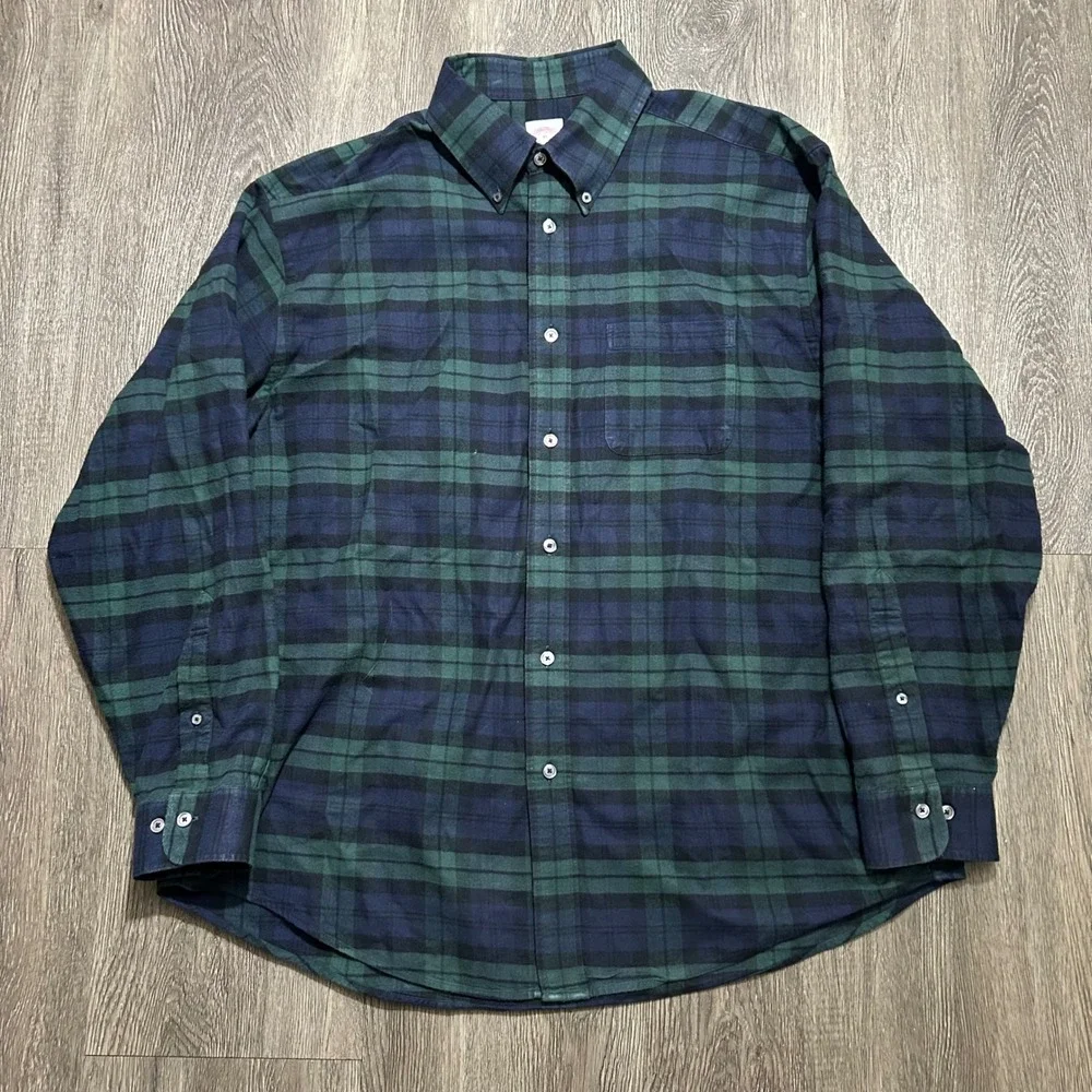 Brooks Brothers Madison Fit Shirt XL‎ Green Navy Blue Button Down Plaid Cotton